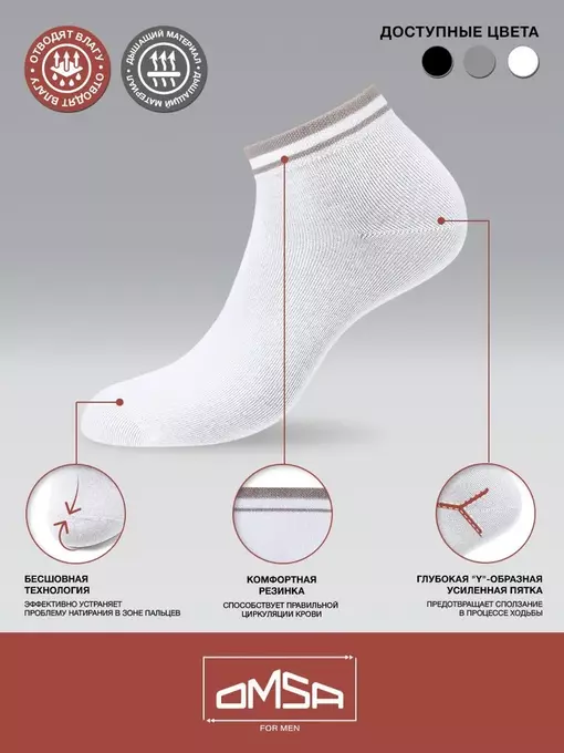 Укороченные мужские носки omsa active 105 bianco, , 45-47 (29-31), OMSA, - 3