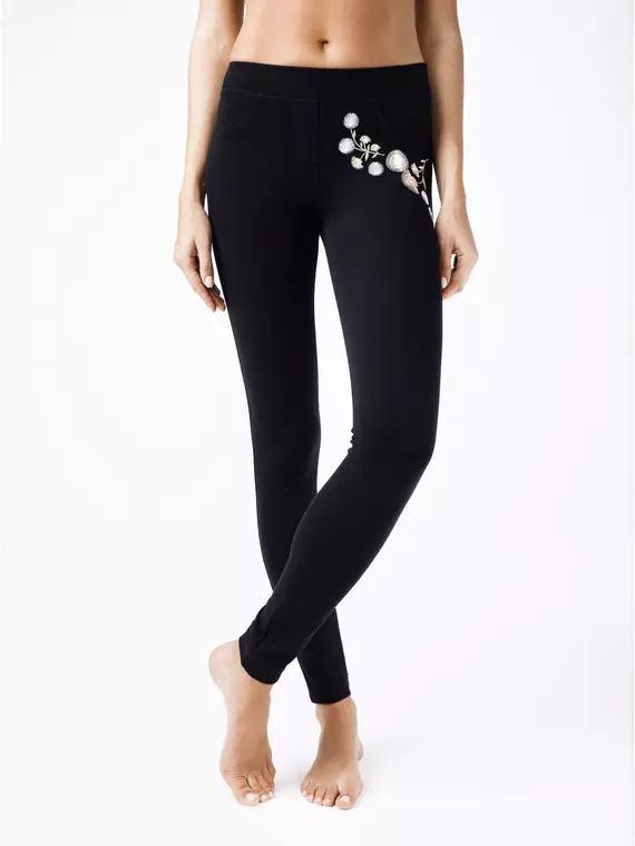 Ультраэластичные джеггинсы с металлической вышивкой flores nero, 18С-556ТСП, 164-98/M, CONTE ELEGANT,  - 3