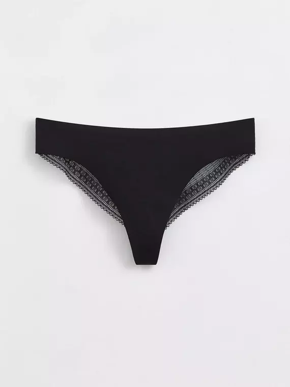 Бесшовные женские трусы «бразилиана» из хлопка и кружева romantic story lbr 1266 black, 20С-1210ТСП, 90/XS, CONTE ELEGANT,  - 1