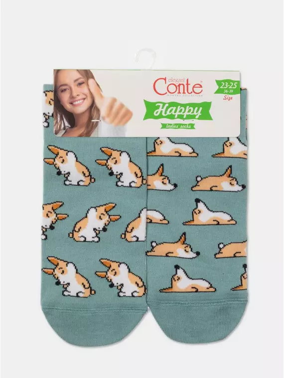 Хлопковые женские носки happy с рисунками "corgi" 388 серо-бирюзовый, 17С-21СП, 36-39 (23-25), ,  - 6
