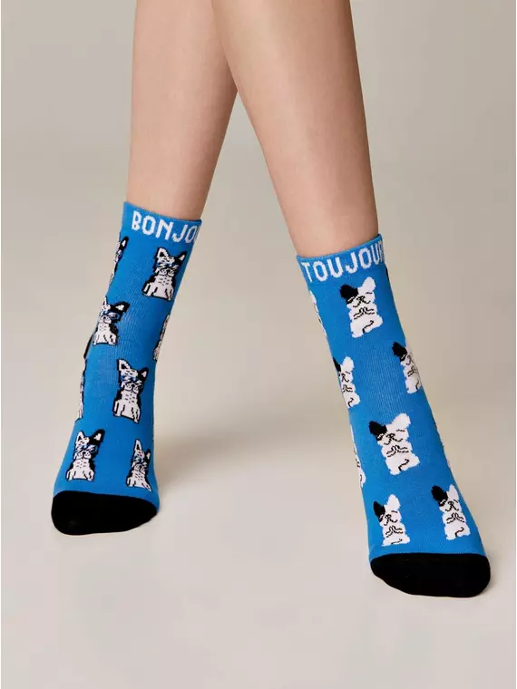 Хлопковые женские носки happy с рисунком «french bulldog» 389 синий, 18С-227СП, 36-39 (23-25), ,  - 2