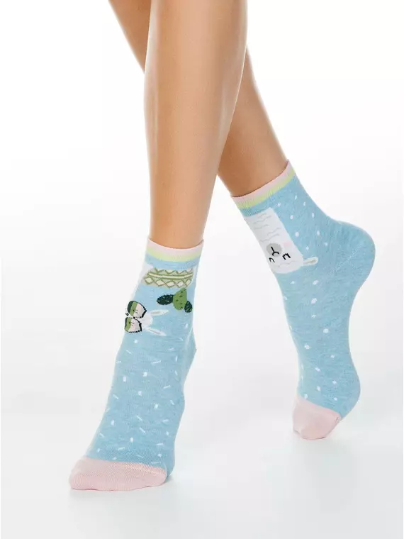 Хлопковые женские носки conte happy с рисунками "лама и кактус" 173 голубой, 18С-227СП, 36-39 (23-25), CONTE ELEGANT,  - 1