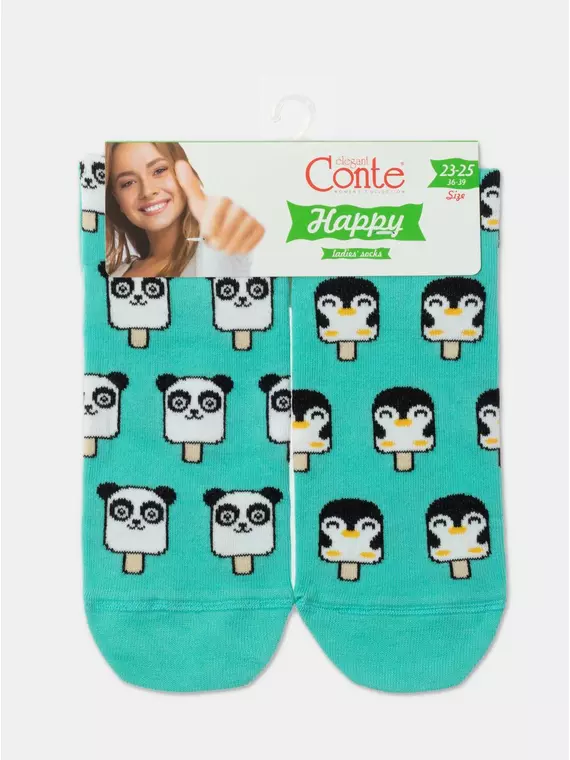 Хлопковые женские носки happy c рисунками "panda & penguin" 372 бирюза, 18С-227СП, 36-39 (23-25), CONTE ELEGANT,  - 5