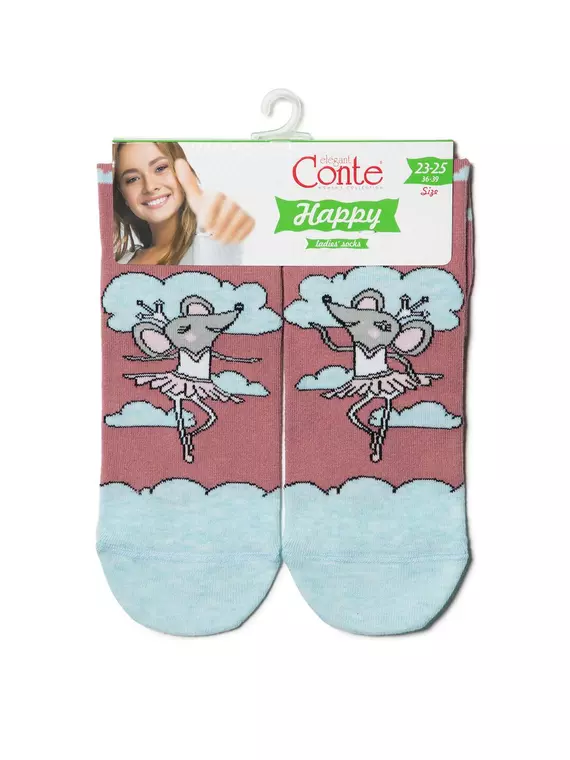 Хлопковые женские носки happy c рисунками "мышиный балет" 154 пепельно-розовый, 18С-227СП, 36-39 (23-25), CONTE ELEGANT,  - 3