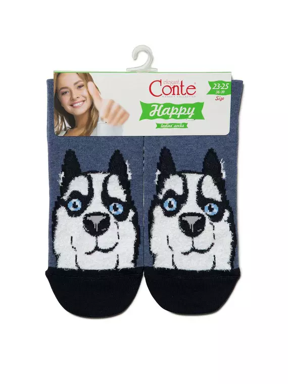 Хлопковые женские носки happy с пушистым рисунком "хаски" 425 темный джинс, 18С-268СП, 36-39 (23-25), CONTE ELEGANT,  - 3